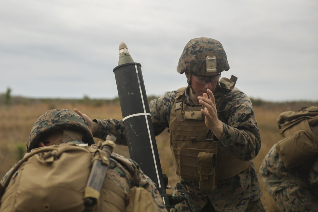 A Marine with Task Force Southwest inserts a round into an 81mm mortar during a live-fire exercise at Camp Lejeune, N.C., March 2, 2017. The exercise was one of several training missions held during the unit’s week-long full mission rehearsal, including a Tactical Recovery of Aircraft and Personnel exercise, medical drills and advisory meetings with Afghan role players. Marines with Task Force Southwest are scheduled to deploy to Helmand Province, Afghanistan later this year, where they will train, advise and assist the Afghan National Army 215th Corps and 505th Zone National Police. (U.S. Marine Corps photo by Sgt. Lucas Hopkins)