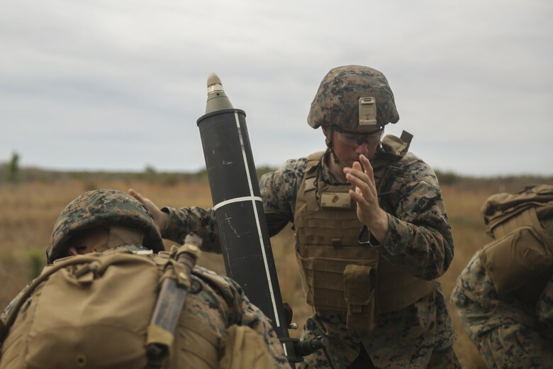 A Marine with Task Force Southwest inserts a round into an 81mm mortar during a live-fire exercise at Camp Lejeune, N.C., March 2, 2017. The exercise was one of several training missions held during the unit’s week-long full mission rehearsal, including a Tactical Recovery of Aircraft and Personnel exercise, medical drills and advisory meetings with Afghan role players. Marines with Task Force Southwest are scheduled to deploy to Helmand Province, Afghanistan later this year, where they will train, advise and assist the Afghan National Army 215th Corps and 505th Zone National Police. (U.S. Marine Corps photo by Sgt. Lucas Hopkins)