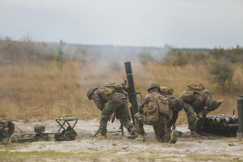 Marines with Task Force Southwest fire an 81mm mortar during a full mission rehearsal at Camp Lejeune, N.C., March 2, 2017. The week-long training event allowed Marines with the unit to enhance their advisory and combat skills in preparation for an upcoming deployment to Helmand Province, Afghanistan. Task Force Southwest is comprised of approximately 300 Marines, whose mission will be to train, advise and assist the Afghan National Army 215th Corps and 505th Zone National Police. (U.S. Marine Corps photo by Sgt. Lucas Hopkins)