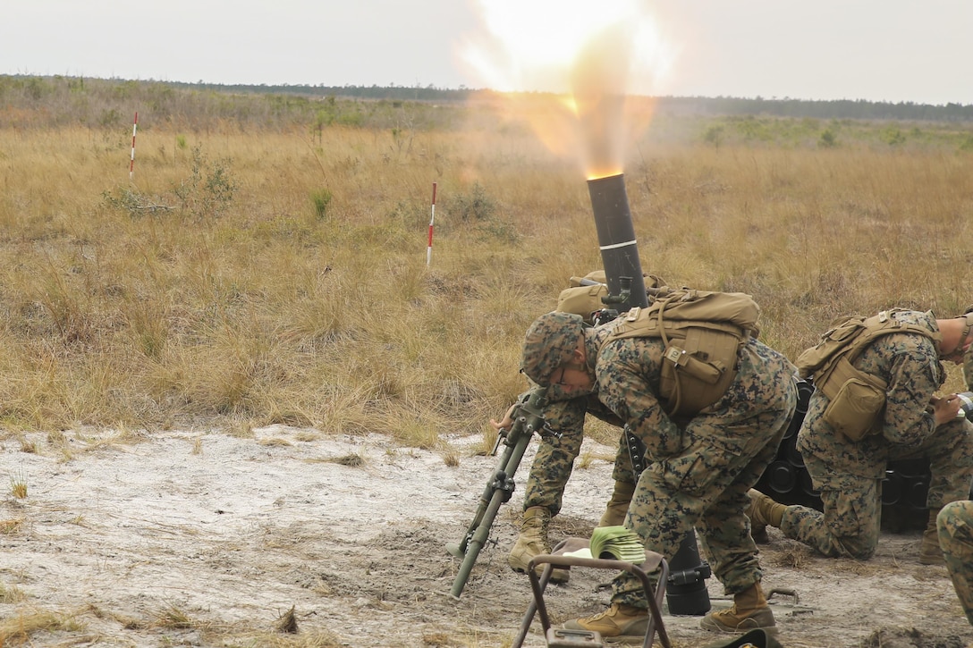 Marines with Task Force Southwest fire an 81mm mortar during a full mission rehearsal at Camp Lejeune, N.C., March 2, 2017. The week-long rehearsal consisted of advisory meetings with Afghan role players, medical drills and combat scenarios to prepare the unit for an upcoming deployment to Helmand Province, Afghanistan. Task Force Southwest is comprised of approximately 300 Marines, whose mission will be to train, advise and assist the Afghan National Army 215th Corps and 505th Zone National Police. (U.S. Marine Corps photo by Sgt. Lucas Hopkins)