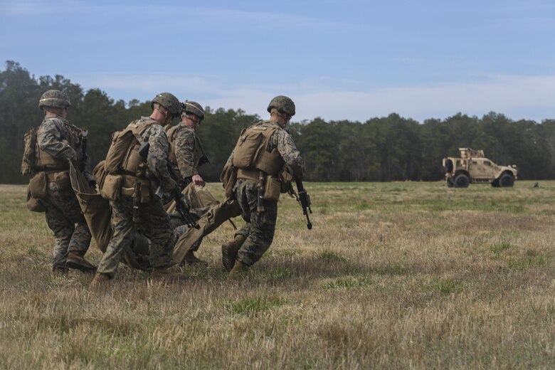 Marines with Task Force Southwest carry a simulated casualty during a Tactical Recovery of Aircraft and Personnel training scenario at Camp Lejeune, N.C., March 2, 2017. The scenario was part of the unit’s full mission rehearsal, which bolstered its Marines’ combat and advisory skills. Marines with Task Force Southwest are scheduled to deploy to Helmand Province, Afghanistan later this year, where they will train, advise and assist the Afghan National Army 215th Corps and 505th Zone National Police. (U.S. Marine Corps photo by Sgt. Lucas Hopkins)