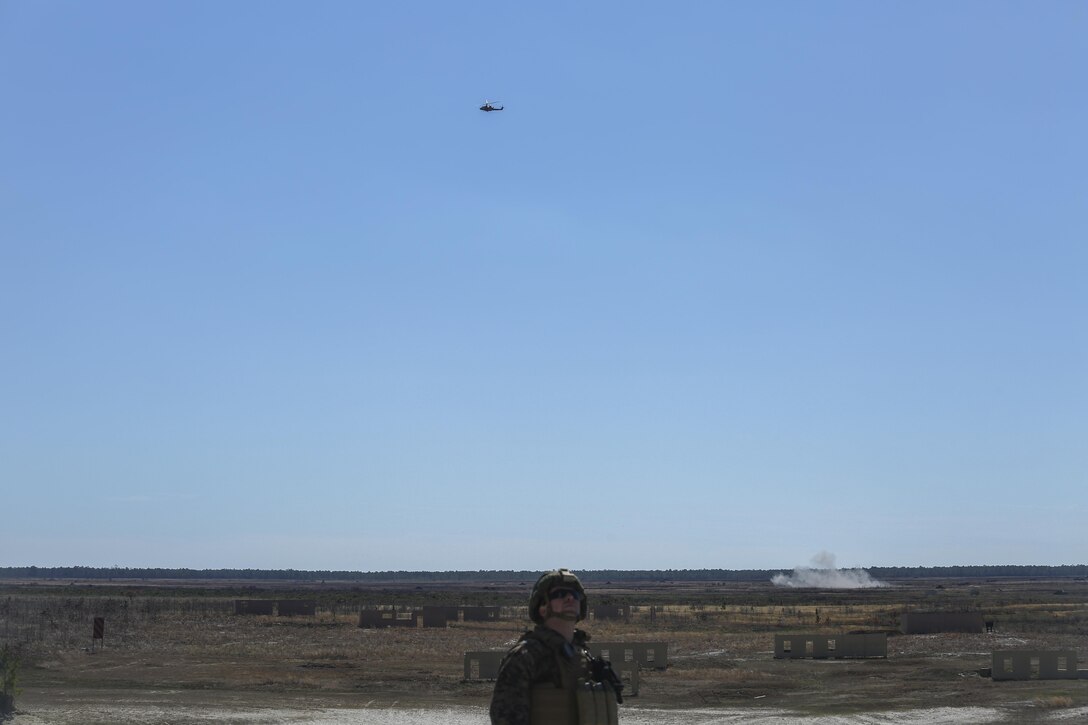 A UH-1Y Venom flies above Camp Lejeune, N.C. in conjunction with the Task Force Southwest full mission rehearsal March 3, 2017. The rehearsal prepared approximately 300 Marines assigned to the unit for an upcoming deployment to Helmand Province, Afghanistan. Marines with Task Force Southwest will train, advise and assist the Afghan National Army 215th Corps and 505th Zone National Police, and are scheduled to deploy later this year. (U.S. Marine Corps photo by Sgt. Lucas Hopkins)