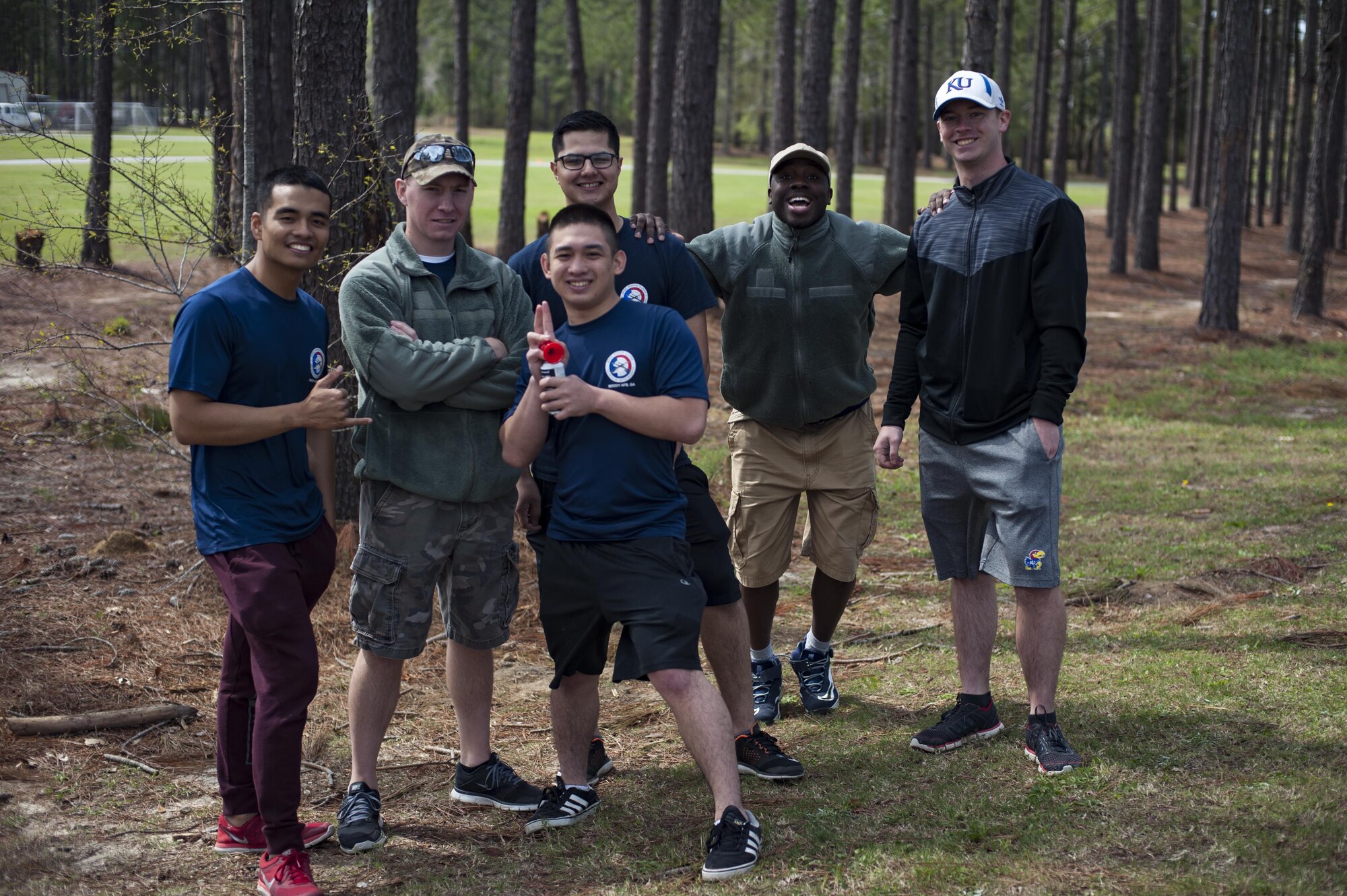 Volunteer Airmen from Moody Air Force Base, Ga. pose for a photo during the annual Special Olympics, March 2, 2017, at Freedom Park in Valdosta, Ga. More than 80 Moody Airmen volunteered at the event, allowing more than 250 children from five surrounding counties to compete in more than 10 Olympic activities. (U.S. Air Force photo by Airman 1st Class Lauren M. Sprunk)