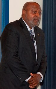 DAHLGREN, Va. - Dr. Jeremiah Williams, keynote speaker at the Naval Surface Warfare Center Dahlgren Division (NSWCDD) 2017 African American and Black History Month Observance, explains the factors influencing the academic achievement of African Americans. As President of the 100 Black Men of America Inc., Virginia Peninsula Chapter, he works to improve the quality of life within communities while enhancing educational and economic opportunities for all African Americans. Williams also credits the Navy for his success: “I didn’t realize how smart I was until I joined the Navy. The recruiter told me I qualified for every program the Navy offers. When I went to nuke (Nuclear Power) school, and among the last ones standing, I felt I could conquer the world. The Navy saved me and I appreciated that.”  (U.S. Navy Photo by George Smith/Released)
