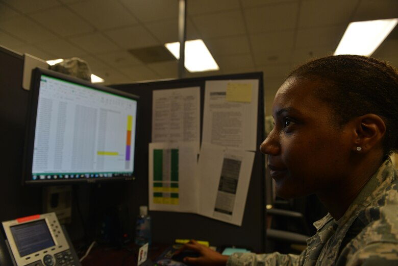 U.S. Air Force Airman 1st Class Shayna Blackmon, 20th Communications Squadron client systems technician, searches for vulnerabilities in the network at Shaw Air Force Base, S.C., March 2, 2017. The 20th CS client service center receives a daily list of 100 devices with the most vulnerabilities and then performs necessary tasks to protect those devices. (U.S. Air Force photo by Airman 1st Class Destinee Sweeney)