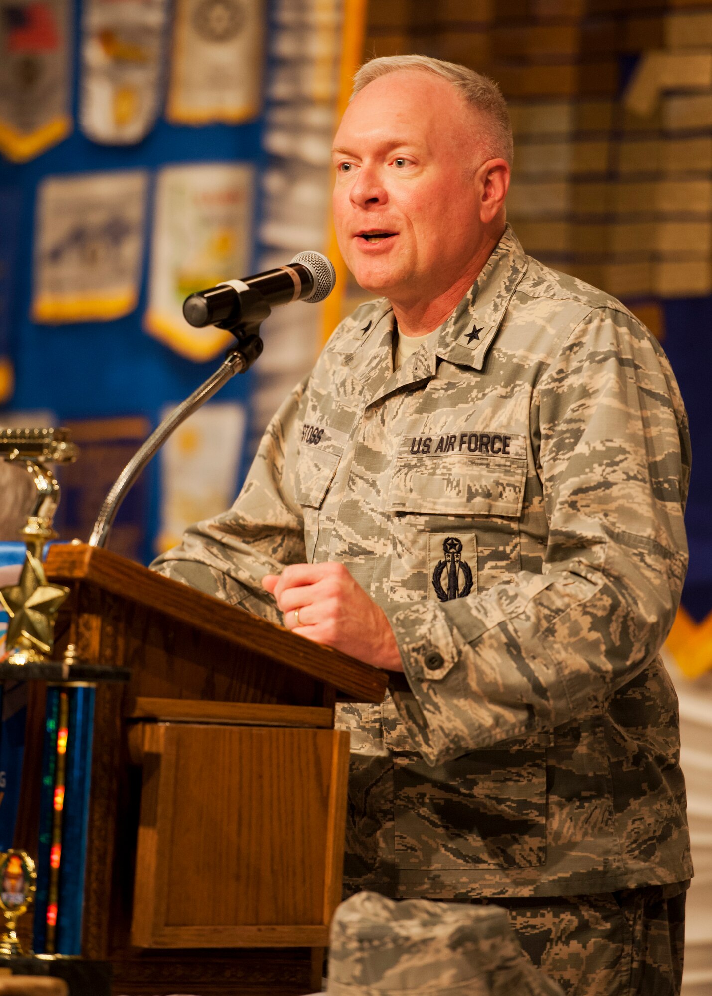 Brig. Gen. Ferdinand Stoss, Air Force Global Strike Command director of operations, speaks with members of the community in downtown Minot, N.D., Feb. 27, 2017. Stoss attended a Rotary Club meeting with community leaders and answered questions about the future of AFGSC. (U.S. Air Force photo/Senior Airman J.T. Armstrong)