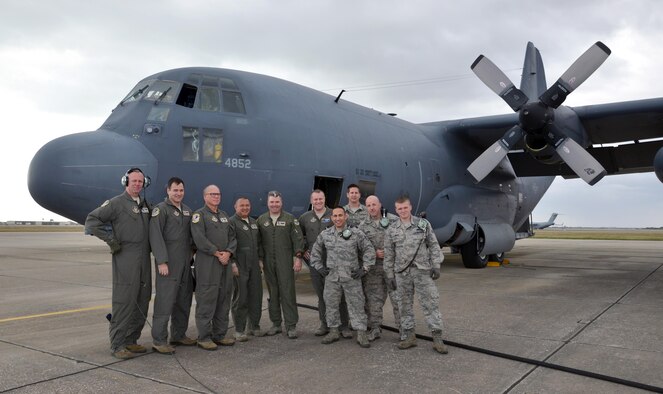 Crew members from the 39th Rescue Squadron and 720th Aircraft Maintenance Squadron pose in front of King 52, the first HC-130 configured for Air Force rescue in 1964, before taking it on its final flight from Patrick Air Force Base, Florida, to Davis-Monthan Air Force Base, Arizona, where it will retire March 6, 2017. (U.S. Air Force photo/Tech. Sgt. Lindsey Maurice)