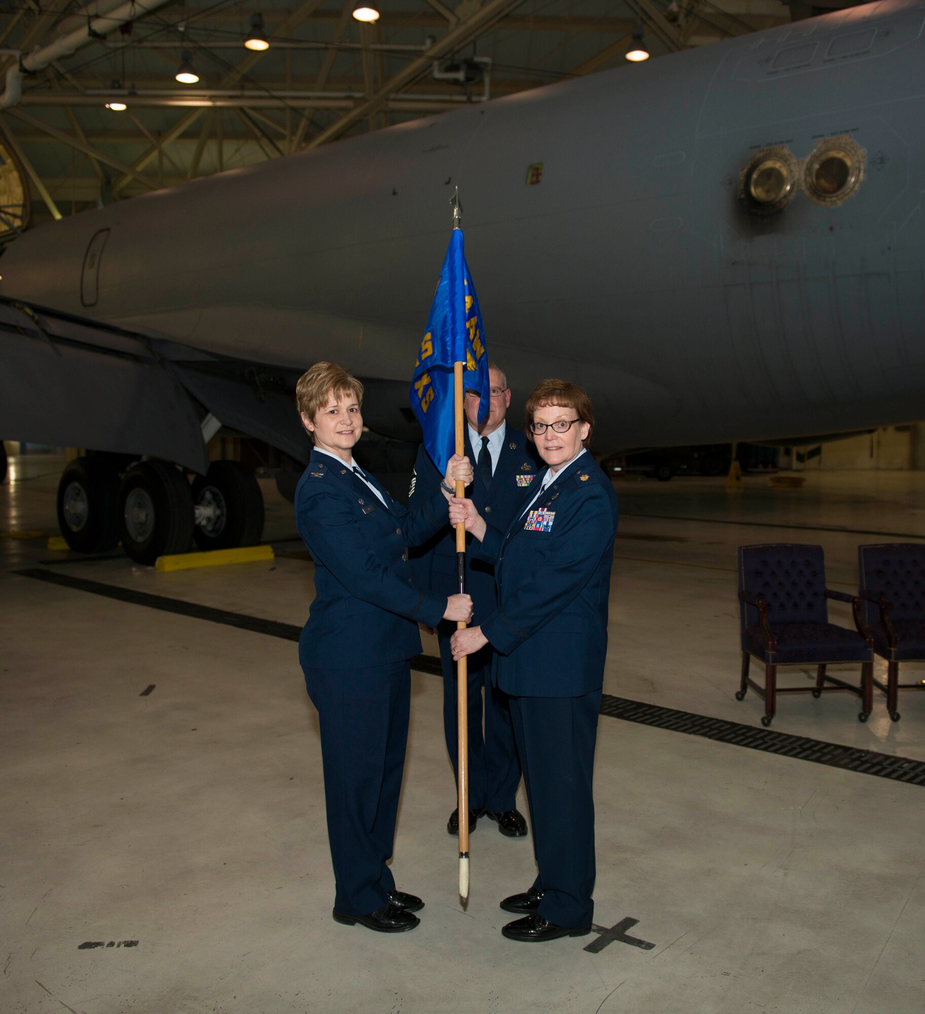 Col. Dorneen W. Shipp, 914th Maintenance Group commander, passes the 914th Aircraft Maintenance Squadron flag to Maj. Amy S. Johannsen who assumes command of the squadron, March 5, 2017, Niagara Falls Air Reserve Station, N.Y. (U. S. Air Force photo by Tech. Sgt. Stephanie Sawyer) 