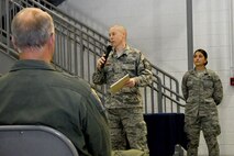 Chief Master Sgt. Glen F. Saunders Jr., quality assurance superintendent with the 94th Maintenance Group, gives remarks to military and civilian attendees during his promotion ceremony March, 5, 2017 at Dobbins Air Reserve Base, Georgia. (U.S. Air Force photo/Airman 1st Class Justin Clayvon) 