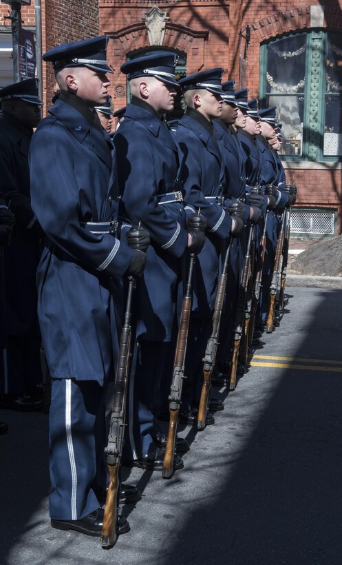 The U.S. Air Force Honor Guard stands in formation prior to marching in the 2017 Saint Patrick’s Day Parade in Alexandria, Va., March 4, 2017. The group marched alongside the Army, Navy, Coast Guard and Marine honor guards for the half-mile-long parade. (U.S. Air Force photo by Senior Airman Jordyn Fetter)