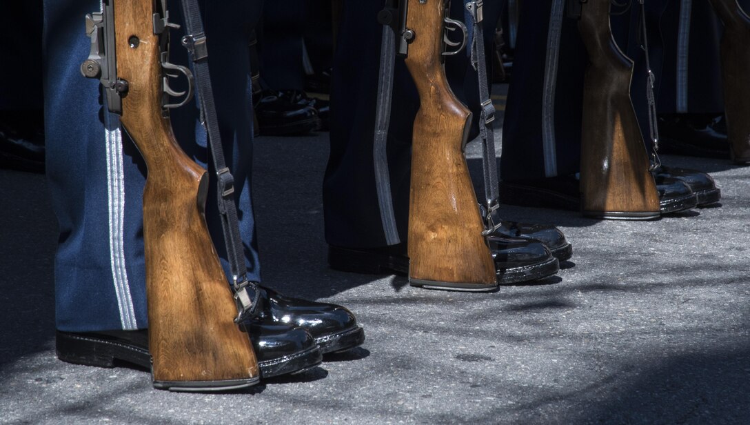 The U.S. Air Force Honor Guard lines up at attention prior to the 2017 Saint Patrick’s Day Parade in Alexandria, Va., March 4, 2017. In addition to the appearance of all the military service’s honor guards, the event also hosted a car show, dog show and musical performances. (U.S. Air Force photo by Senior Airman Jordyn Fetter)