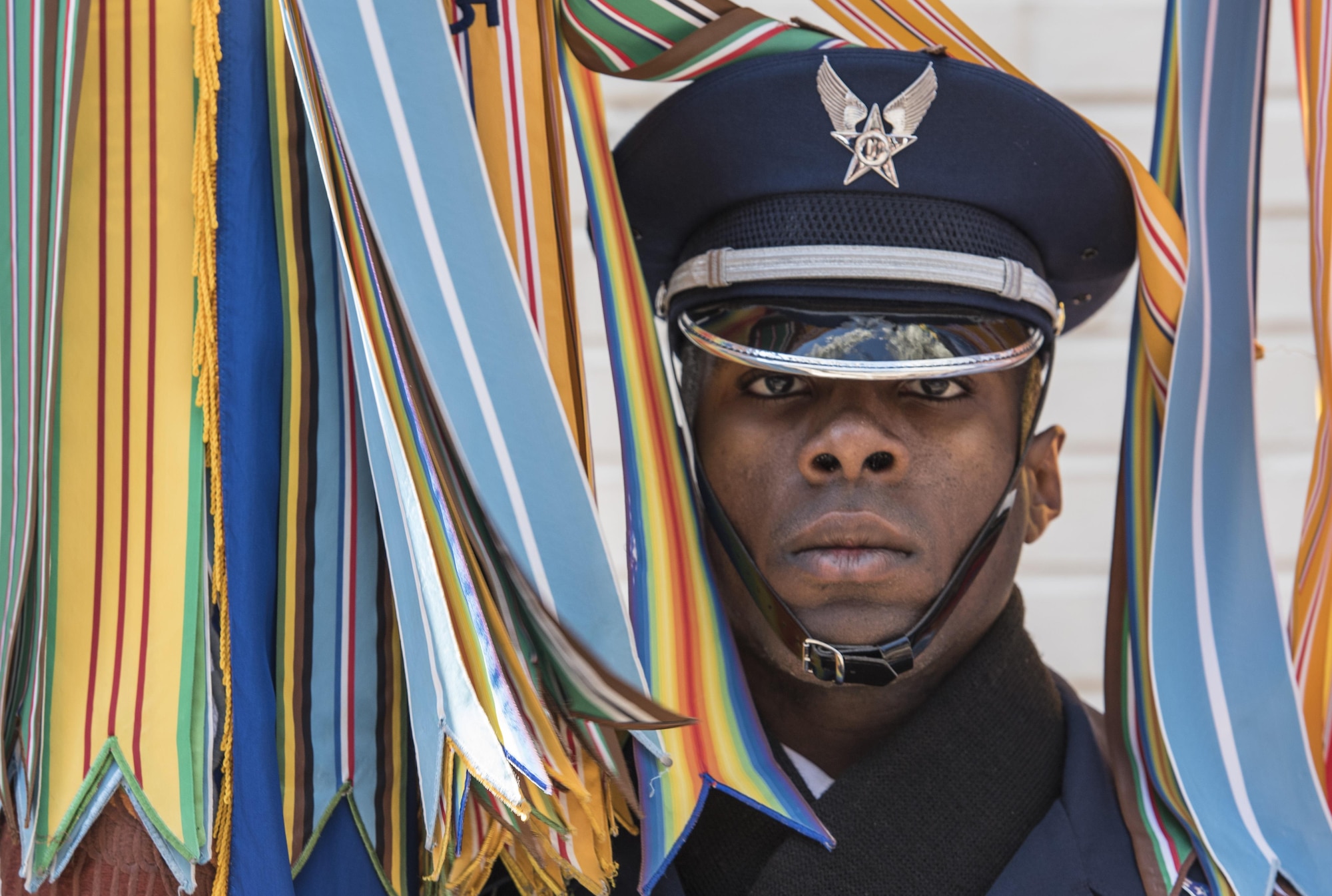 Airman 1st Class Joron Foster, U.S. Air Force Honor Guard member, stands at attention after marching in the 2017 Saint Patrick’s Day Parade in Alexandria, Va., March 4, 2017. In addition to the appearance of all the military service’s honor guards, the event also hosted a car show, dog show and musical performances. (U.S. Air Force photo by Senior Airman Jordyn Fetter)