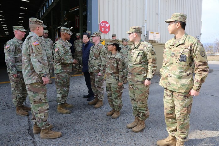 Army Materiel Command Deputy Commanding General, Lt. Gen. Larry Wyche, recognizes Materiel Support Command - Korea Best Warrior Competition winners and the Korean Service Corps Employee of the Year, March 3, 2017, at Camp Carroll. Wyche spent two days on the Peninsula meeting with senior leaders and soldiers from several materiel support commands.