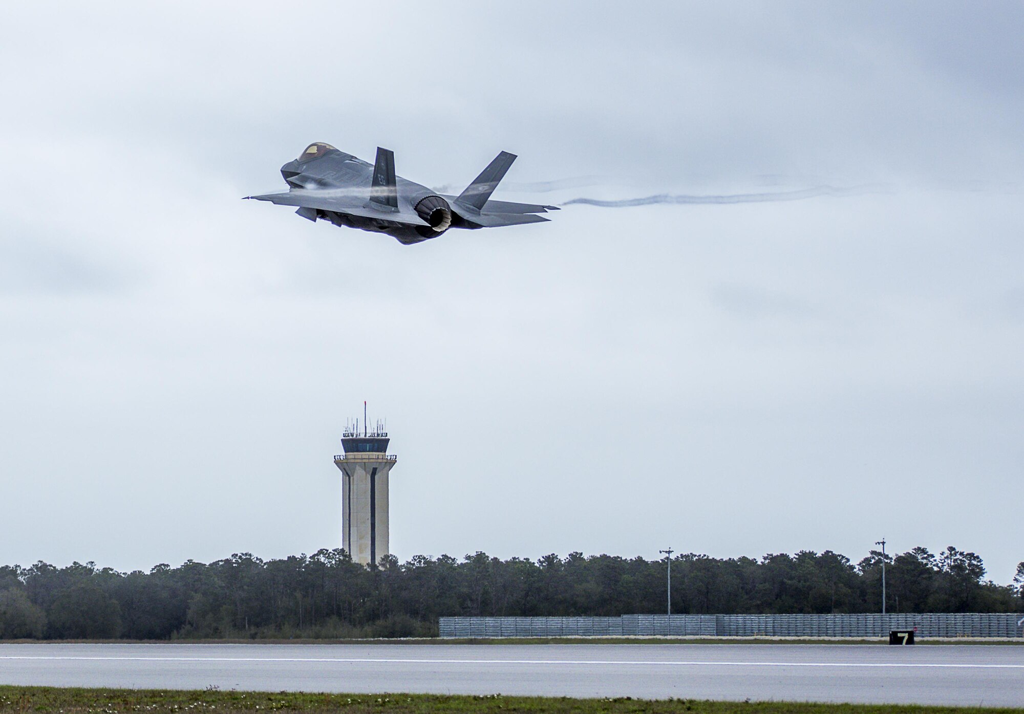 A 33rd Fighter Wing F-35A takes off Feb. 27 to conduct sorties at Eglin Air Force Base, Fla. With conventional takeoff and landing capability, the F-35A is built for traditional Air Force bases. The F-35A is an agile, versatile, high-performance, 9g capable multirole fighter that combines stealth, sensor fusion, and unprecedented situational awareness. The 33rd Fighter Wing is a graduate flying and maintenance training wing for the F-35 Lightning II. (U.S. Air Force photo/Kristin Stewart)