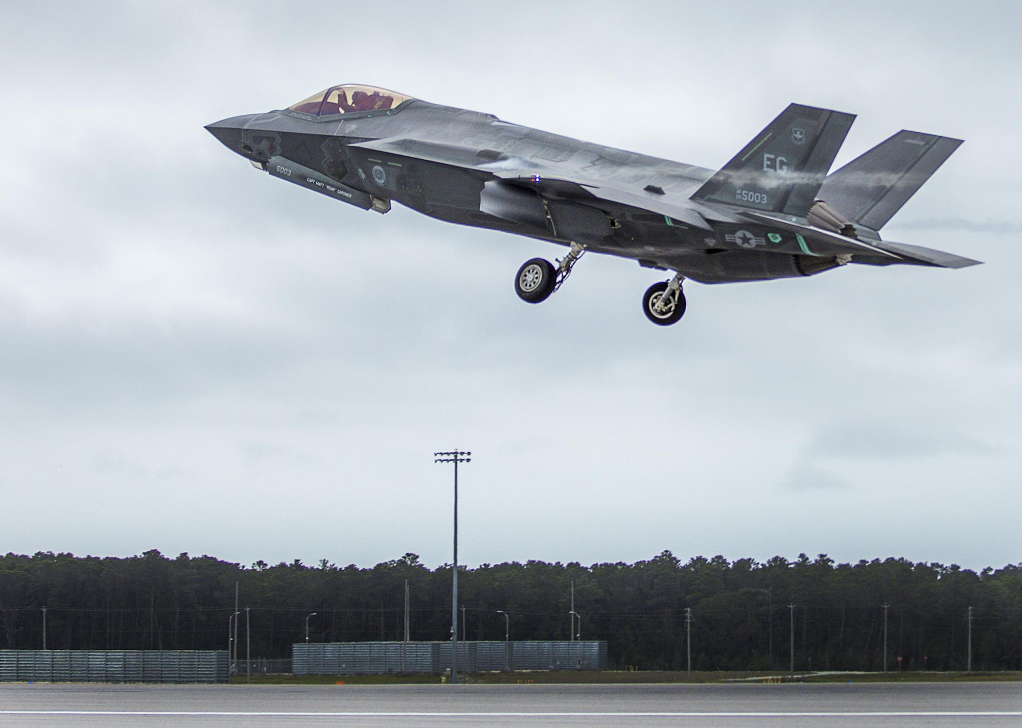 A 33rd Fighter Wing F-35A takes off Feb. 27 to conduct sorties at Eglin Air Force Base, Fla. The F-35’s engine produces 43,000 lbs of thrust and is designed to provide the pilot with unsurpassed situational awareness, positive target identification and precision strike in all weather conditions. Mission systems integration and outstanding over-the-nose visibility features are designed to dramatically enhance pilot performance. (U.S. Air Force photo/Kristin Stewart)