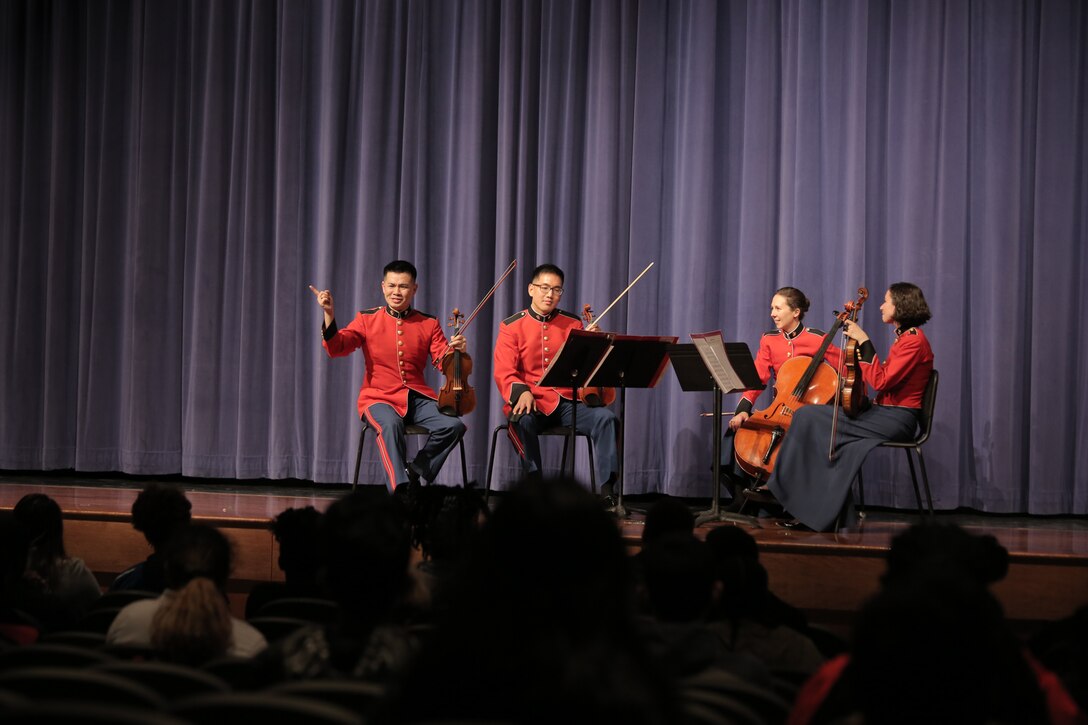 On March 6, 2017, a Marine string quartet performed a Music in the High Schools presentation at Laurel High School in Laurel, Md. At the conclusion, one of the students exclaimed, "We need to sound like them!" (U.S. Marine Corps photo by Master Sgt. Kristin duBois/released)