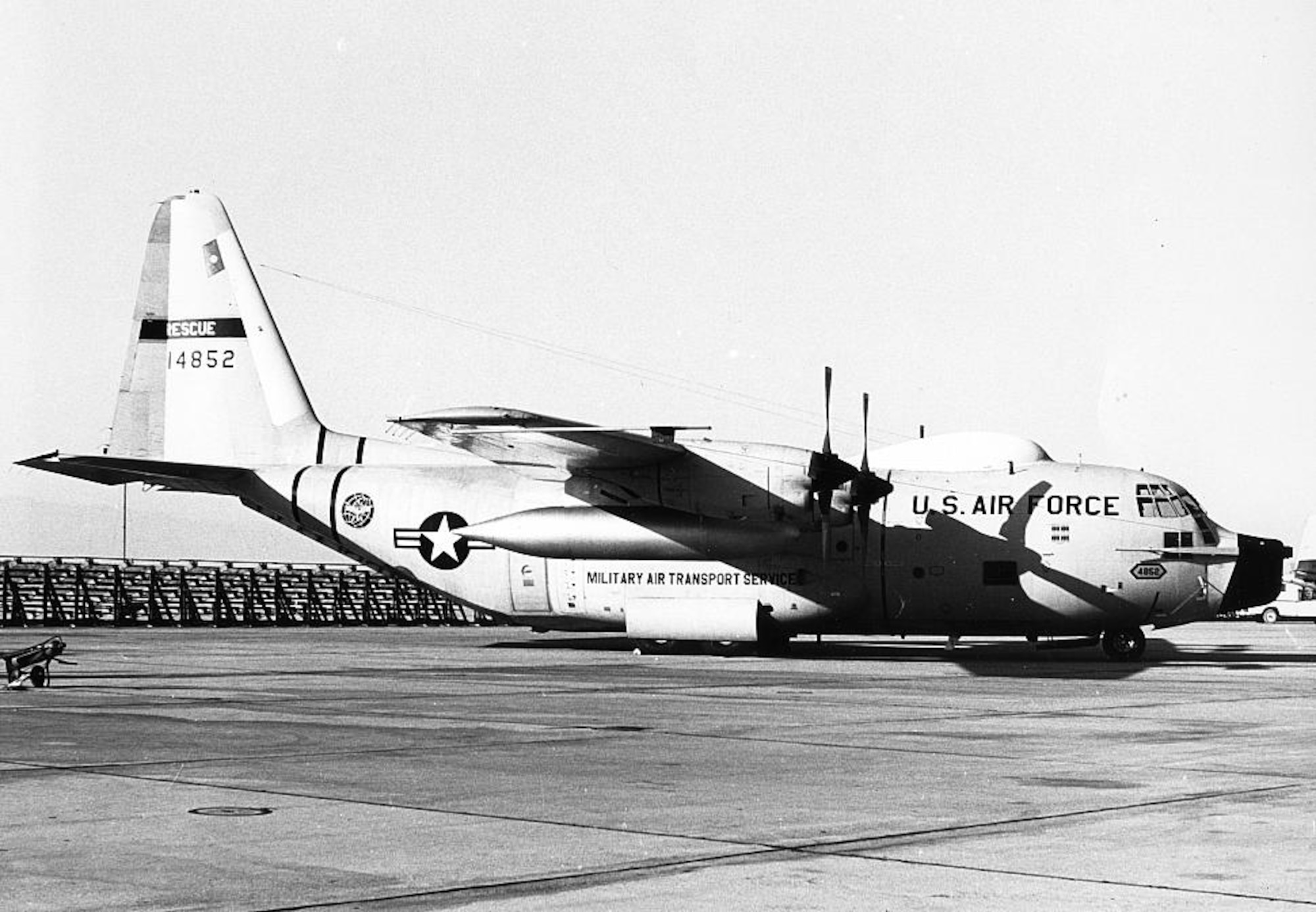 King 52, the first HC-130H configured for Air Force rescue rests on the Edwards Air Force Base, California, flightline in 1966. (Photo by Steve Kraus)