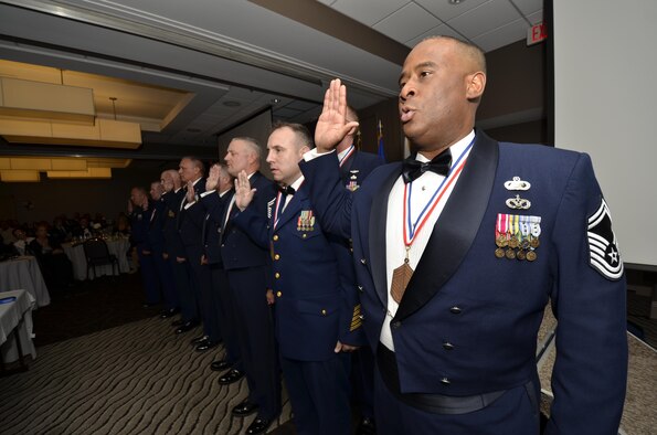 The Space Coast Chiefs’ Group held its annual Chief Master Sergeant Recognition Ceremony in Cocoa Beach, Florida, to honor 14 Airmen and a Coast Guardsman as they transitioned to the highest enlisted rank of chief master sergeant in their respective branches March 3, 2017. (U.S. Air Force photo/Senior Airman Brandon Kalloo Sanes)