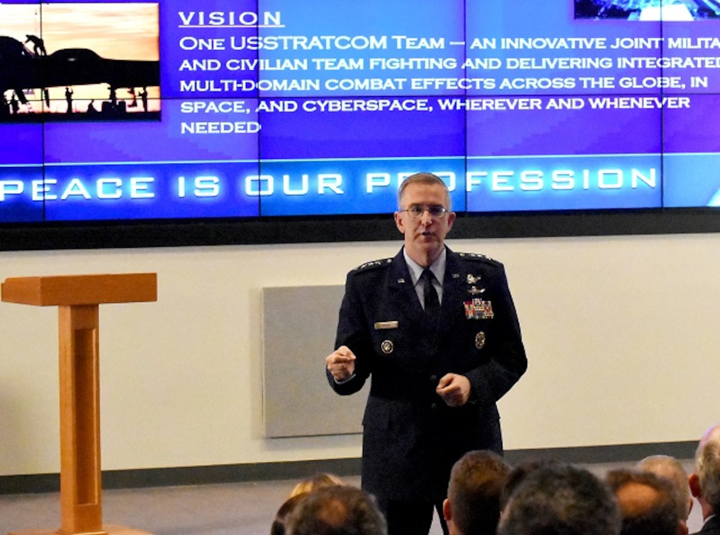 U.S. Strategic Command (USSTRATCOM) commander, U.S. Air Force Gen. John E. Hyten, addresses members of U.S. Transportation Command (USTRANSCOM), at Scott Air Force Base, Ill., March 6, 2017. Hyten was invited by USTRANSCOM commander, U.S. Air Force Gen. Darren W. McDew, as part of USTRANSCOM's 30-4-30 Distinguished Speaker Series. 