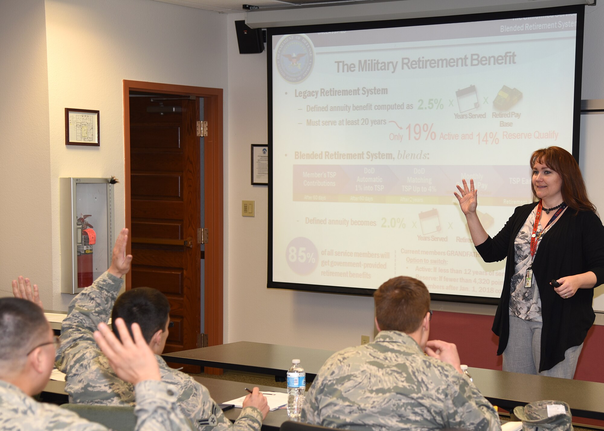 Accredited financial counselor Stephanie Talcott addresses a class at the Airman and Family Readiness Center on F. E. Warren Air Force Base, Wyo., Feb. 28, discussing the difference between the legacy retirement plan and the new Blended Retirement Plan available to the military in January 2018. The class was one of five classes offered for Military Saves Week to improve the financial knowledge and wellbeing of Airmen on F. E. Warren AFB. The other classes covered topics like budgeting, retirement, the Thrift Savings Plan, and buying a home.