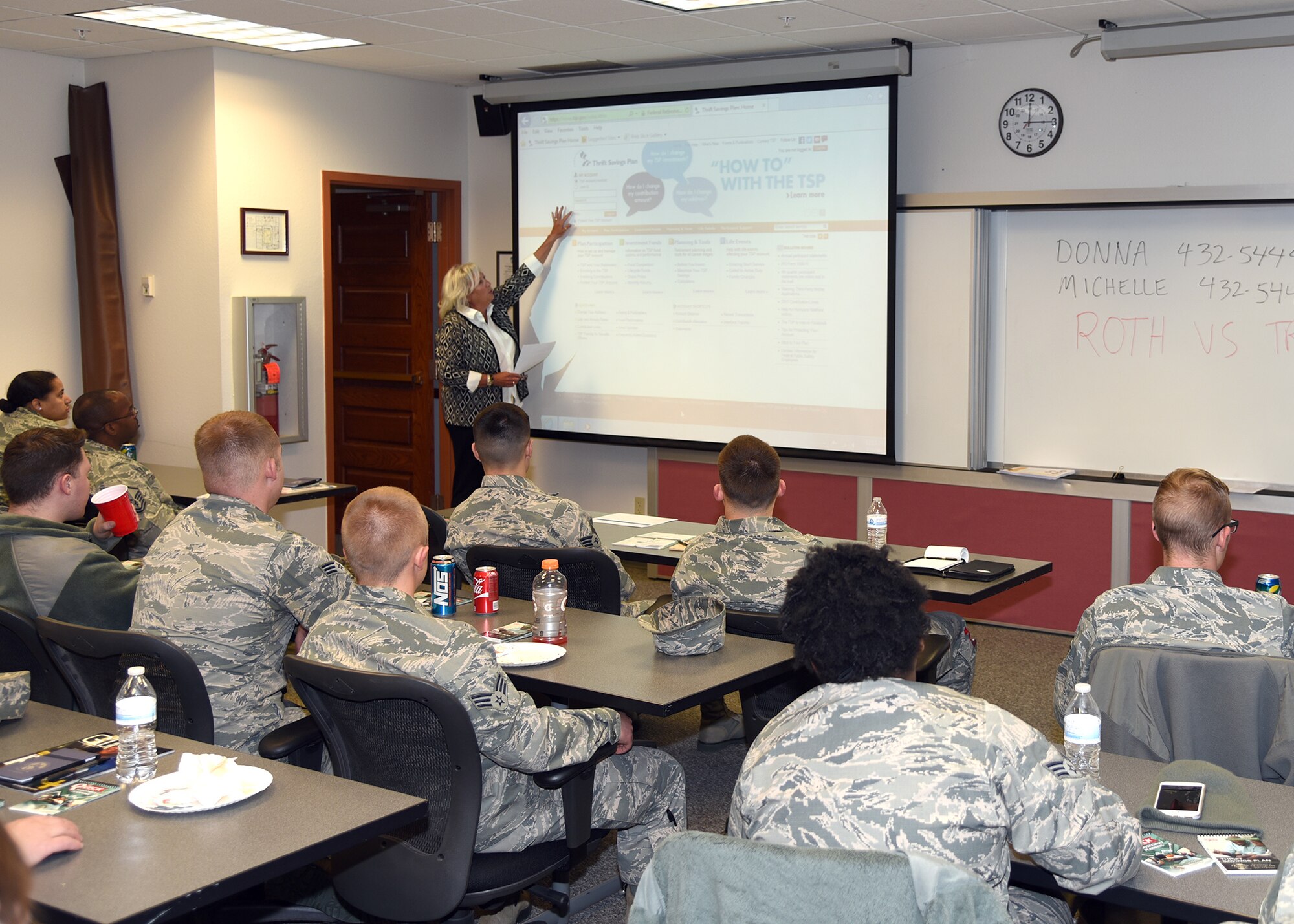 Donna Creighton, an investment advisor with Blue Federal Credit Union, discusses the Thrift Savings Plan to a class at the Airman and Family Readiness Center on F. E. Warren Air Force Base, Wyo., Feb. 28. During the class, she explained the difference between the different legacy and Lifecycle Funds, and helped airmen decide what options may be best for them, given their circumstances. . The class was one of five classes offered for Military Saves Week to improve the financial knowledge and wellbeing of Airmen on F. E. Warren AFB. The other classes covered topics like budgeting, retirement, the Thrift Savings Plan, and buying a home.