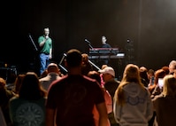 Col. Ty Neuman, 2nd Bomb Wing commander, introduces Gary Sinise of the Lt. Dan Band at Barksdale Air Force Base, La. March 3, 2017. This is the first time the Lt. Dan Band performed at Barksdale. (U.S. Air Force photo/Airman 1st Class Stuart Bright)
