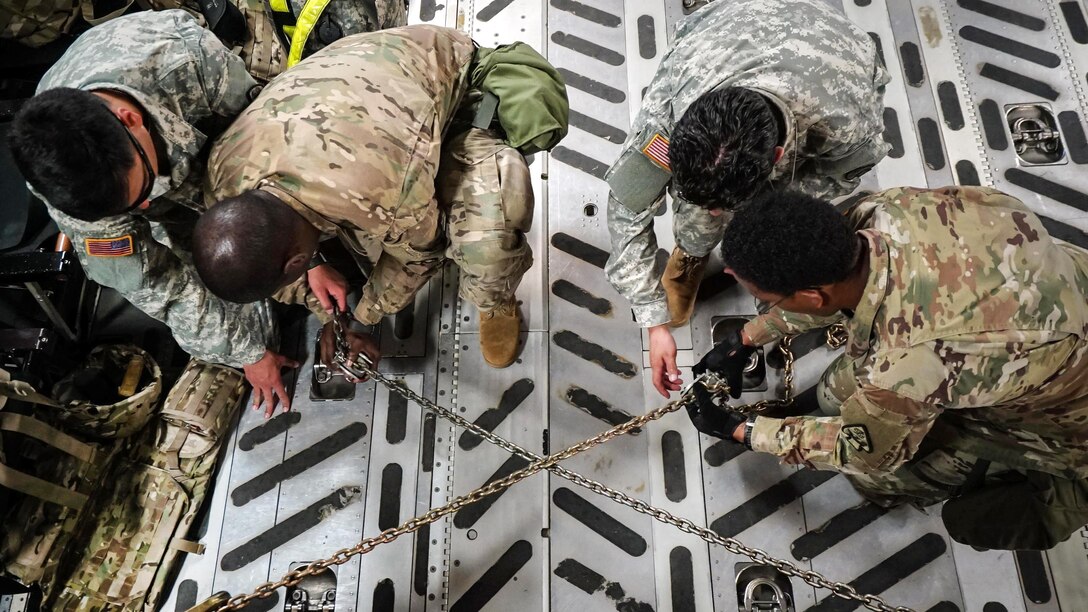 Soldiers secure a Humvee equipped with an airfield lighting system inside a C-17 Globemaster III aircraft supporting Operation Atlas Strike 17-001 at Fort Bragg, N.C., Feb. 24, 2017. Army photo by Pfc. Liem Huynh