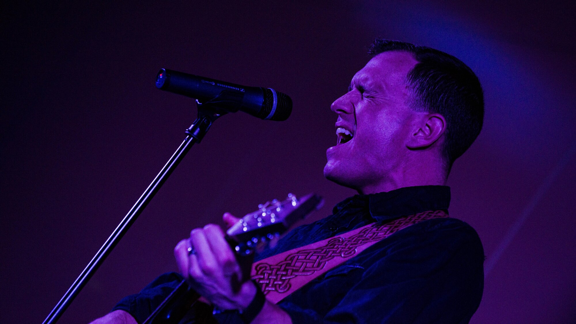 Tech. Sgt. Matthew Mayo performs during the Aviano’s Got Talent finale, March 2, 2017, at Aviano Air Base, Italy. Mayo received 2nd place in the competition and received a $500 prize. (U.S. Air Force photo by Senior Airman Cory W. Bush)