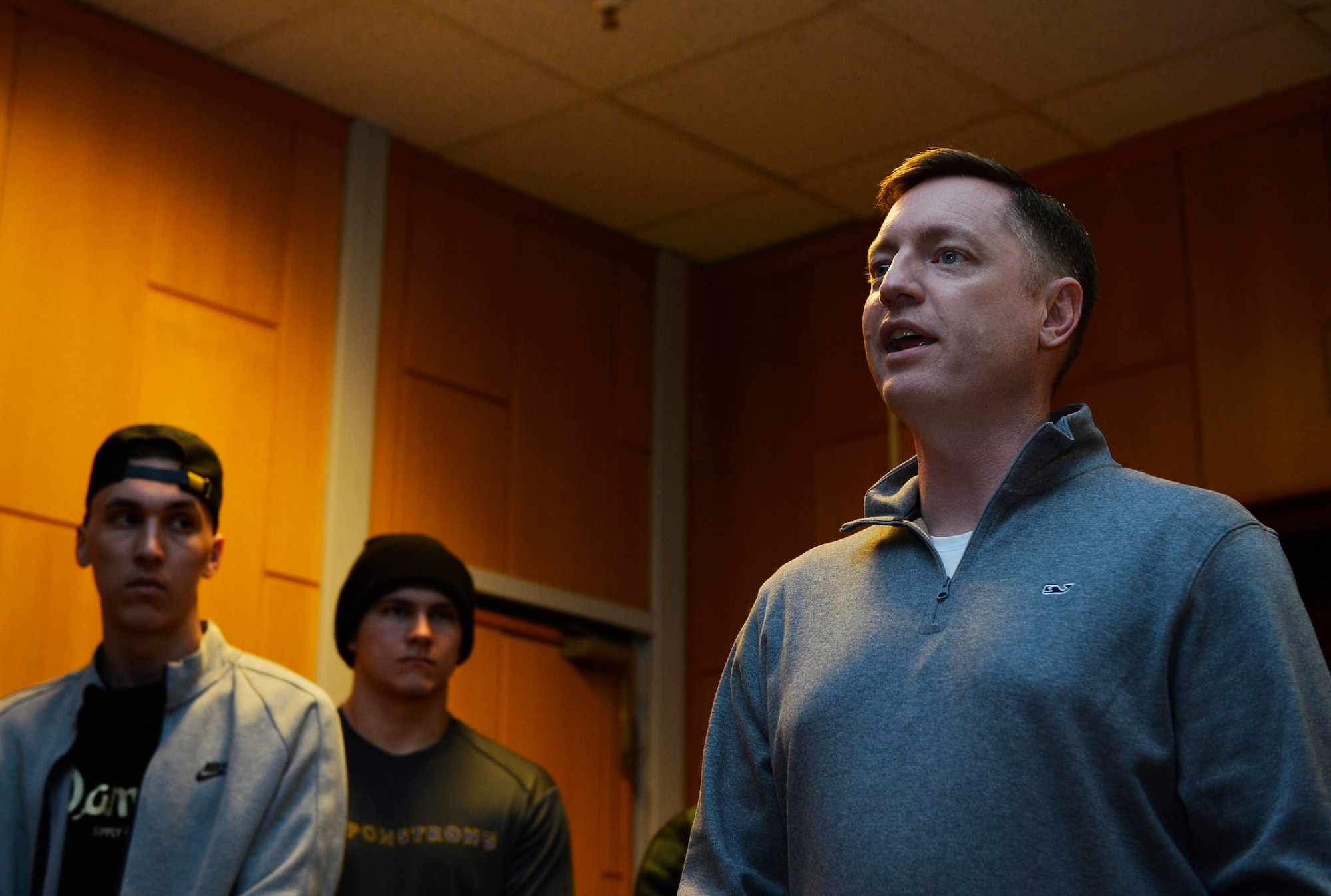 Chief Master Sgt. George Anderson, U.S. Air Forces in Europe and Air Forces Africa first sergeant, shares his story to Airmen during a mentorship meeting at the Vogelweh Military Complex, Feb. 28, 2017. Anderson credited his success to the mentorship he received from his peers, mentors and supervisors. (U.S. Air Force photo by Airman 1st Class Joshua Magbanua)