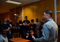 Chief Master Sgt. George Anderson, U.S. Air Forces in Europe and Air Forces Africa first sergeant, speaks to Airmen at the Vogelweh Military Complex, Feb. 28, 2017. Anderson emphasized the need for Airmen to seek mentorship not only from seniors, but also their peers. (U.S. Air Force photo by Airman 1st Class Joshua Magbanua)