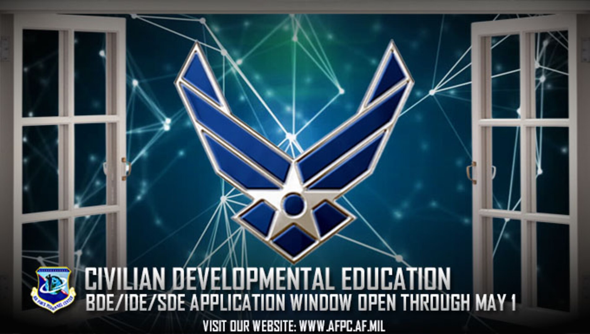 The civilian developmental education window is open. Deadline to submit application packages for civilian developmental education is May 1. Applicants may list up to four CDE program preferences this year. (U.S. Air Force graphic by Staff Sgt. Alexx Pons)