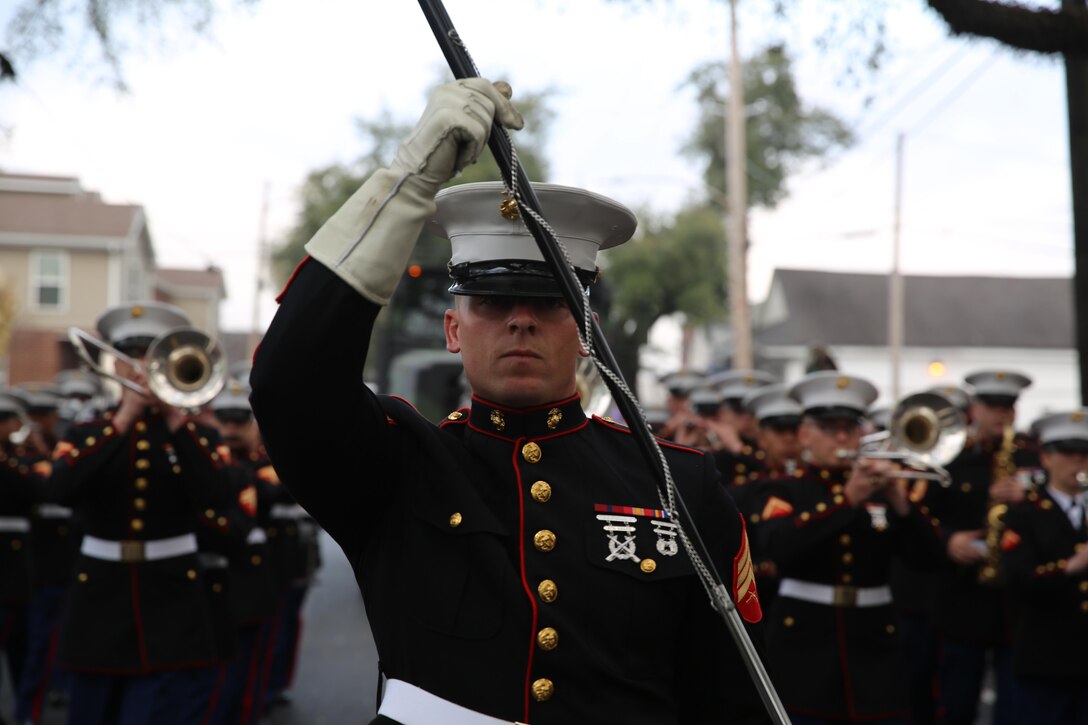 Sgt. Nathan Johnson performs his duties as the drum major for the 2nd Marine Aircraft Wing Band during a Mardi Gras Parade in New Orleans, Feb. 28, 2017. Mardi Gras is traditionally a time for people to feast before the time of lent where they will then fast. The 2nd MAW band provided traditional Mardi Gras music along with the national anthem, the Marines’ Hymn and other classics during the parades. (U.S. Marine Corps photo by Lance Cpl. Cody Lemons/Released)