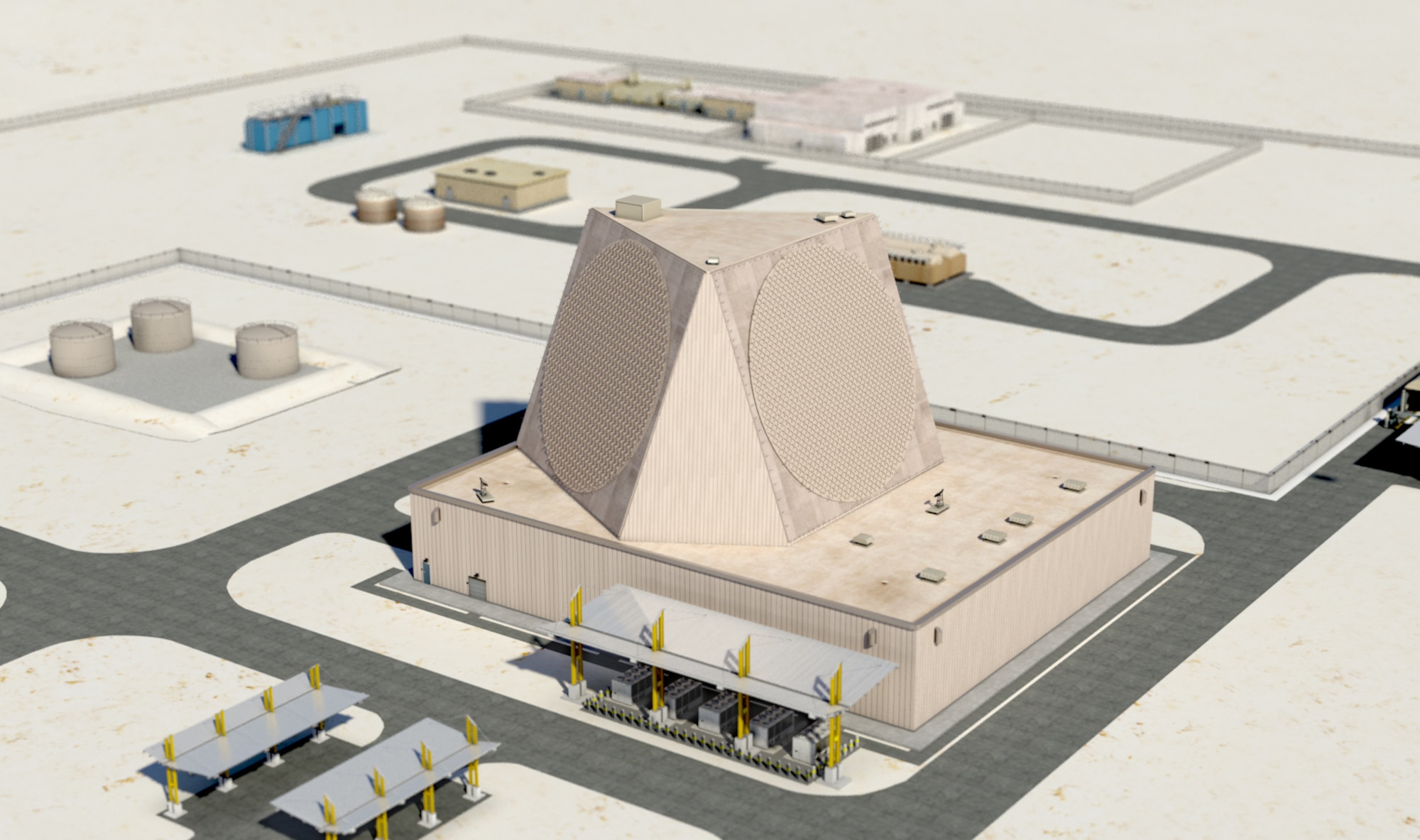 Artist’s rendering of Qatar’s finished $1.06 billion Early Warning Radar, which will allow the Qatari military to identify ballistic missile threats early. The Air Force Life Cycle Management Center at Hanscom Air Force Base, Mass., awarded the sole-source contract to Raytheon Corp. (Courtesy, Raytheon Corp.)