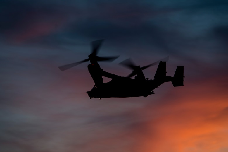 A U.S. Air Force CV-22 Osprey flies during Emerald Warrior 17 at Hurlburt Field, Fla., March 2, 2017. Emerald Warrior is a U.S. Special Operations Command exercise during which joint special operations forces train to respond to various threats across the spectrum of conflict. (U.S. Air Force photo by Staff Sgt. Corey Hook)
