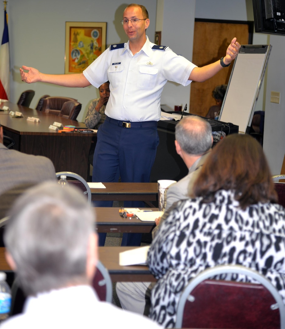 Lt. Col. Christopher Miller explains how the breakout sessions will be organized during the Air Force Community Partnership Program Public-Public; Public-Private Partnerships Refresh Meeting at the Alamo Area Council of Governments Feb. 8. Miller is a Reservist with the 149th Flying Wing Inspector General's office and also with the Assistant Secretary of the Air Force for Installations, Environment and Energy.