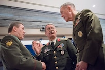 Marine Corps Gen. Joe Dunford, right, chairman of the Joint Chiefs of Staff, speaks with Gen. Hulusi Akar of the Turkish army, center, and Gen. Valery Gerasimov of the Russian army in Antalya, Turkey, March 6, 2017. The three chiefs of defense are discussing their nations’ operations in northern Syria. 