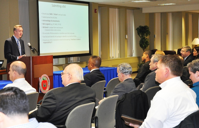 Matt Lubiak, contracting officer, addresses participants at Small Business Industry Day February 22, 2017. The program, held in Lower Manhattan, attracted nearly 50 business and 100 attendees. In all, eight presentations were given, providing a broad overview of the types of projects the District works on.  