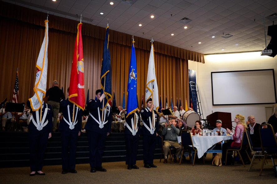 Air Force Junior Reserve Officer Training Corps cadets from Benton High School present the colors during the 38th Annual Veterans’ Luncheon at Barksdale Air Force Base, La., March, 3, 2017. The cadets opened the ceremony with the presentation of colors bringing in each service’s flags one at the time while the Shreveport Metropolitan Concert Band played the services’ songs. (U.S. Air Force photo/Senior Airman Mozer O. Da Cunha)
