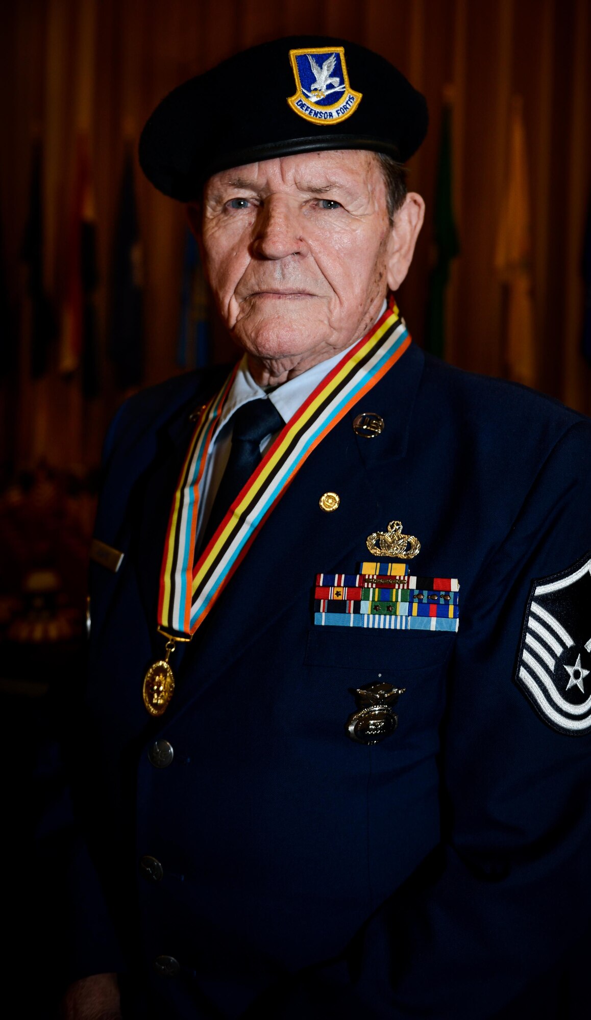Retired U.S. Air Force Master Sgt. E.J. Adams, a retired Air Force Veteran, poses for a portrait during the Veterans Luncheon at Barksdale Air Force Base, La., March, 3, 2017. Adams was awarded the Korean Ambassador for Peace medal on behalf of the Ministry of Patriots and Veterans Affairs of Korea. The medal was presented in recognition for Adams’ service and sacrifice during the Korean War. (U.S. Air Force photo/Senior Airman Mozer O. Da Cunha)