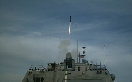 ATLANTIC OCEAN—The first of three Longbow Hellfire Missiles is fired from Littoral Combat Ship USS Detroit (LCS 7) as part of a ripple shot completed during structural test firing (STF) on Feb. 28, 2017, off the coast of Norfolk, Virginia. The STF is part of the developmental test program for the Surface to Surface Missile Module. 