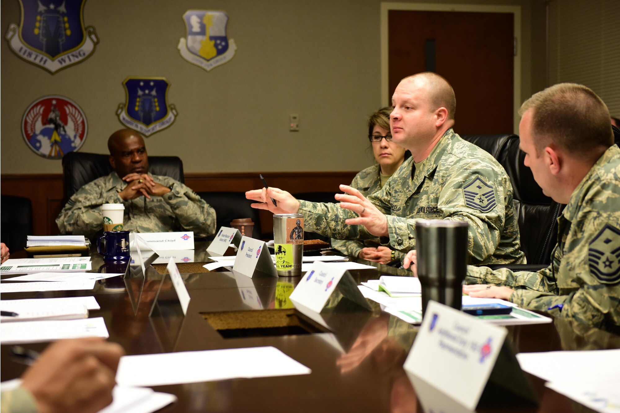 Members of the 118th Wing First Sergeants Council meet during March drill at Berry Field Air National Guard Base in Nashville, Tenn., March 4, 2017. The council meets once a month to disseminate information, identify trends, and serve as a focal point for the base Command Chief Master Sergeant. (USANG photo by Tech. Sgt. Darrell Hamm)
