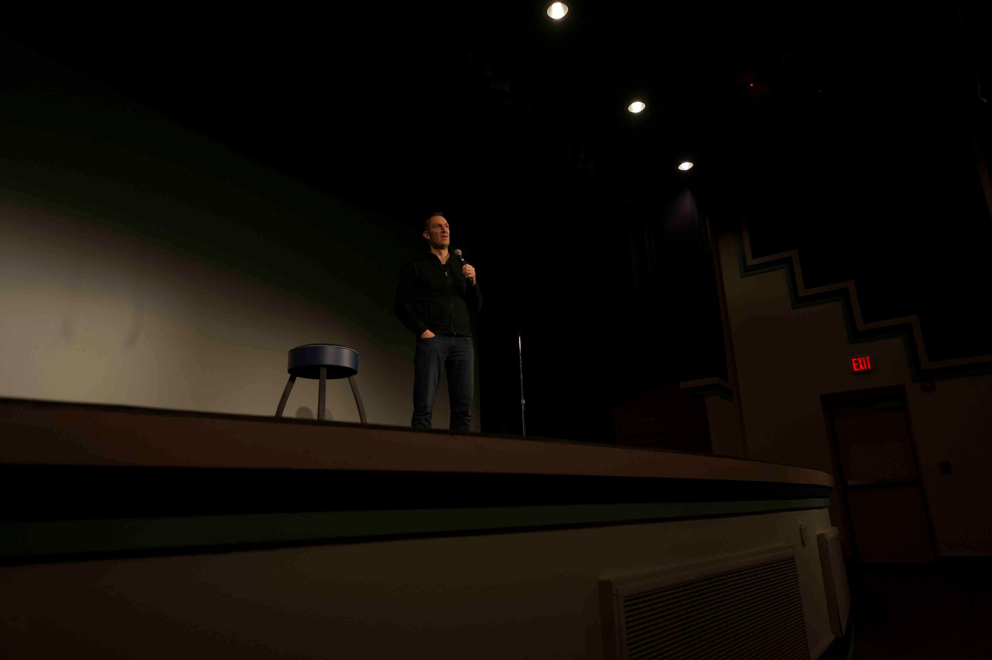 Ben Bailey, comedian and television star of “Cash Cab”, performs a comedy show at the King Auditorium on Hurlburt Field, Fla., March 3, 2017. The 1st Special Operations Force Support Squadron, in conjunction with Air Forces Services Agency, hosted the free event to invest in the resiliency of the force and family. (U.S. Air Force photo by Airman 1st Class Isaac O. Guest IV)