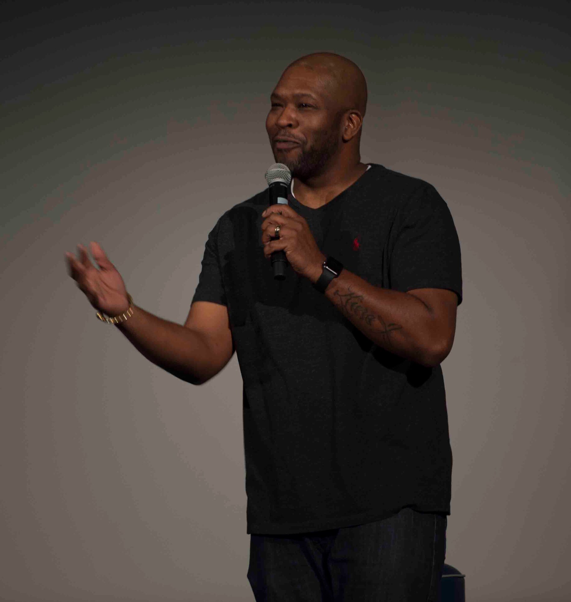 Walter Campbell, a comedian, tells a joke during a comedy show at the King Auditorium on Hurlburt Field, Fla., March 3, 2017. The 1st Special Operations Force Support Squadron, in conjunction with Air Forces Services Agency, hosted the free event to invest in the resiliency of the force and family. (U.S. Air Force photo by Senior Airman Krystal M. Garrett)
