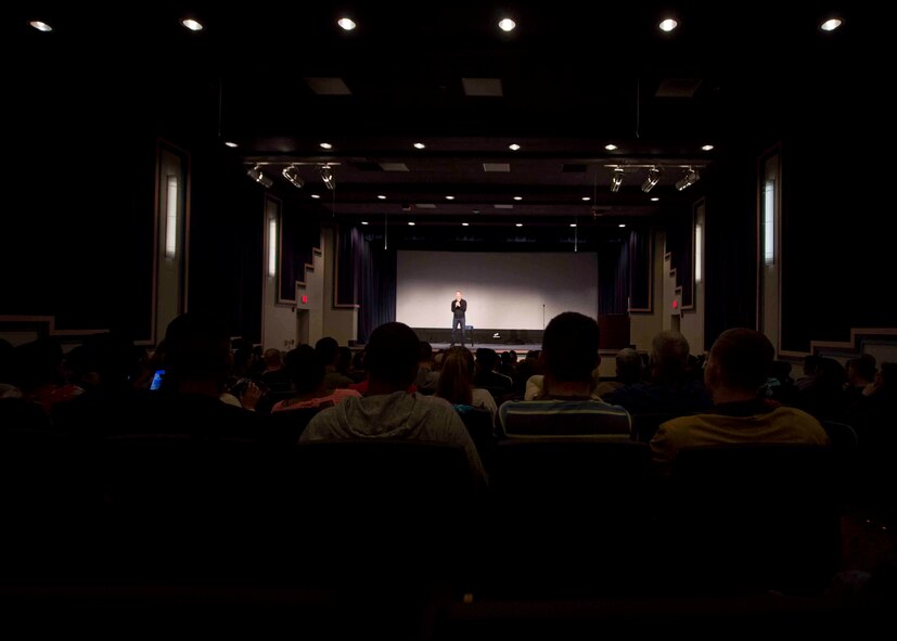 Air Commandos and their families attend a comedy show featuring Walter Campbell and Ben Bailey, comedians, at the King Auditorium on Hurlburt Field, Fla., March 3, 2017. The 1st Special Operations Force Support Squadron, in conjunction with Air Forces Services Agency, hosted the free event to invest in the resiliency of the force and family. (U.S. Air Force photo by Senior Airman Krystal M. Garrett)