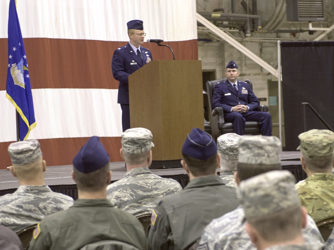 Col. Matthew Atkins, 361st Intelligence, Surveillance and Reconnaissance Group Commander, Hurlburt Field, Florida, speaks to attendees during an assumption of command ceremony hosted by the 137th Special Operations Wing, March 6, 2017, at Will Rogers Air National Guard Base, Oklahoma City. Lt. Col. Stephen McFadden took command of the 306th Intelligence Squadron, formerly located at Beale Air Force Base, California, upon its activation at WRANGB. (U.S. Air National Guard photo by Staff Sgt. Kasey Phipps)