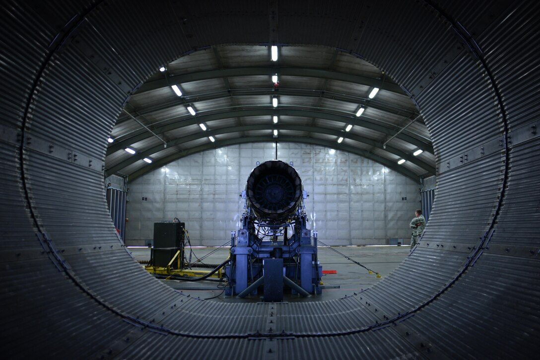 An F-16CM Fighting Falcon engine rests on a stand at a test cell facility at Shaw Air Force Base, S.C., March 3, 2017. The facility is responsible for troubleshooting approximately 30 engines per year, which is done by running the engine in a controlled environment. (U.S. Air Force photo by Airman 1st Class Kathryn R.C. Reaves)