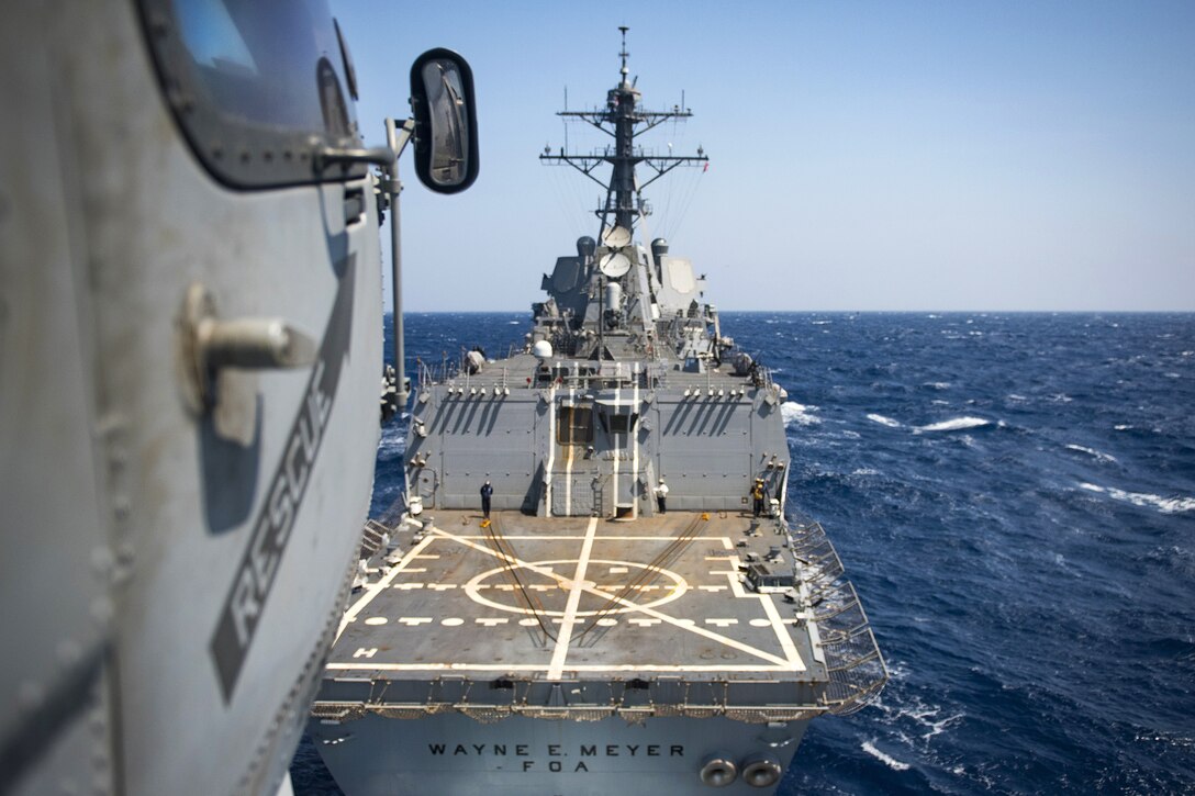 An MH-60S Sea Hawk helicopter maneuvers to land on the guided-missile destroyer USS Wayne E. Meyer in the South China Sea, March 2, 2017. Navy photo by Petty Officer 3rd Class Kurtis A. Hatcher