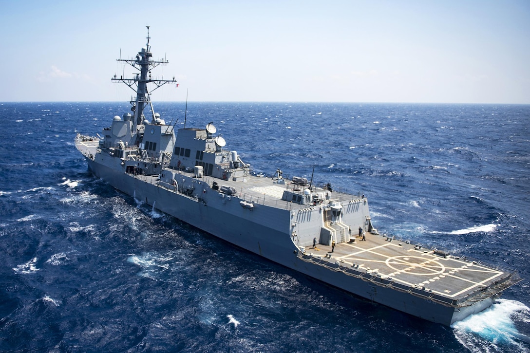 The guided-missile destroyer USS Wayne E. Meyer transits the South China Sea, March 2, 2017. Navy photo by Petty Officer 3rd Class Kurtis A. Hatcher