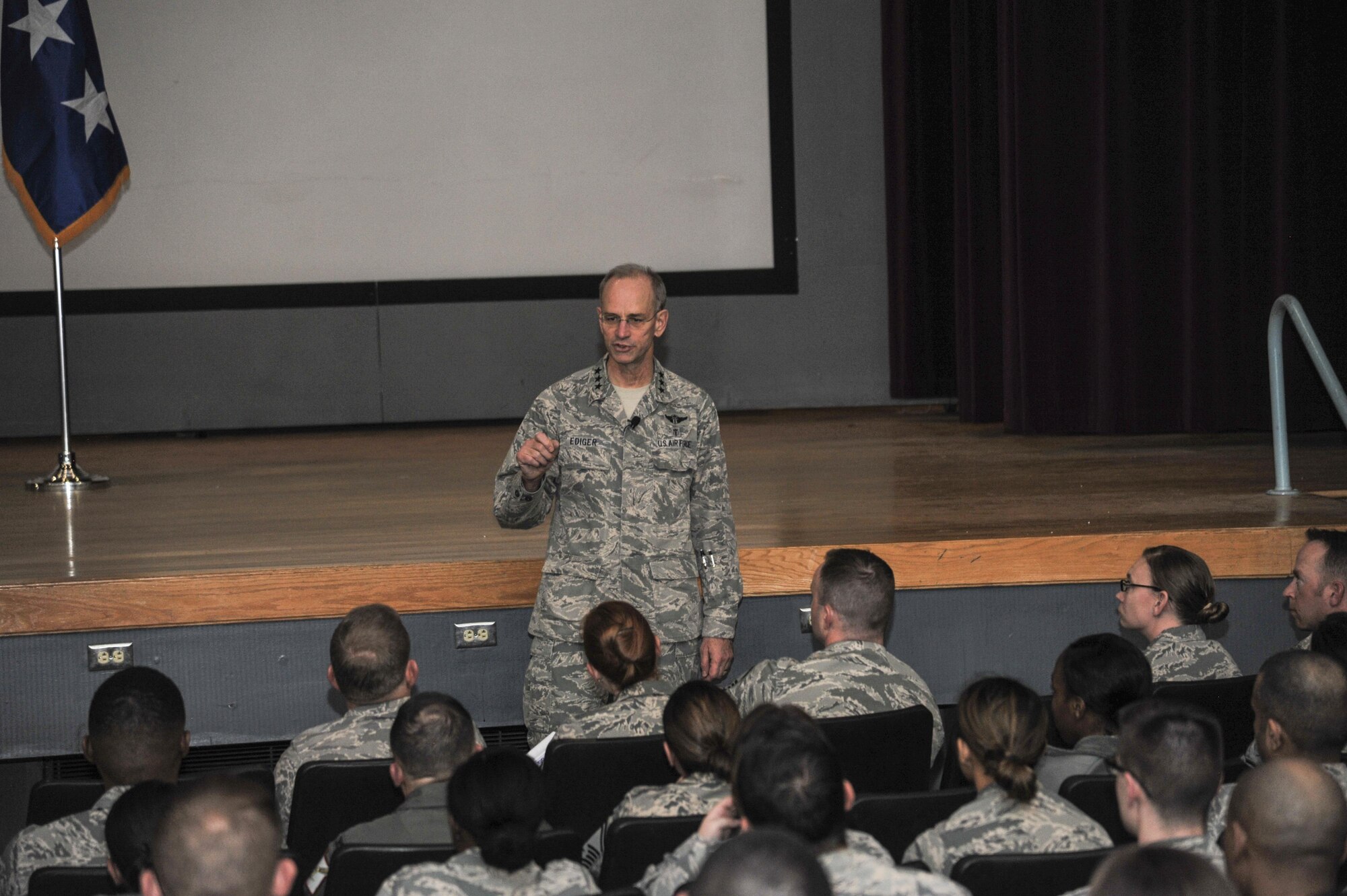Lt. Gen. Mark Ediger, Surgeon General of the Air Force, held an all-call with Kirtland medics at the Base Theater, March 2. Ediger answered questions and provided insight on the progression of the career field. 