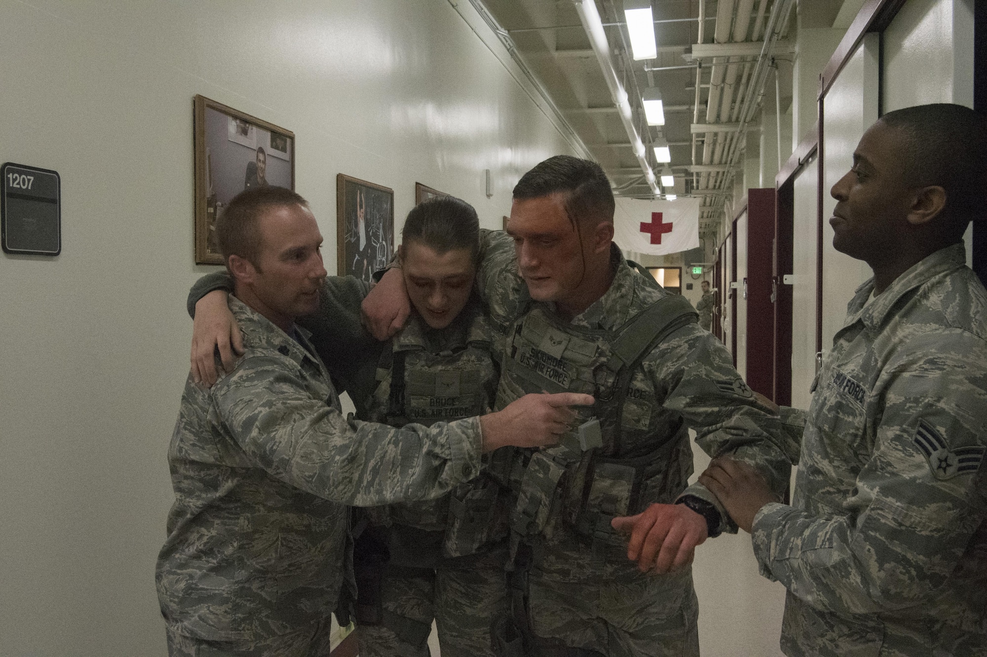 PETERSON AIR FORCE BASE, Colo. – Airmen of the Cheyenne Mountain Air Force Station Medical Aid Station participate in a mass casualty exercise during button-up contingency triage training at the Cheyenne Mountain AFS, Colo., March 3, 2017. The training is designed to stress Cheyenne Mountain AFS medical responders, who are on call from Peterson Air Force Base Medical Clinic to simulate the stress that a future buttoned up mass casualty event could cause.  (U.S. Air Force photo by Steve Kotecki)